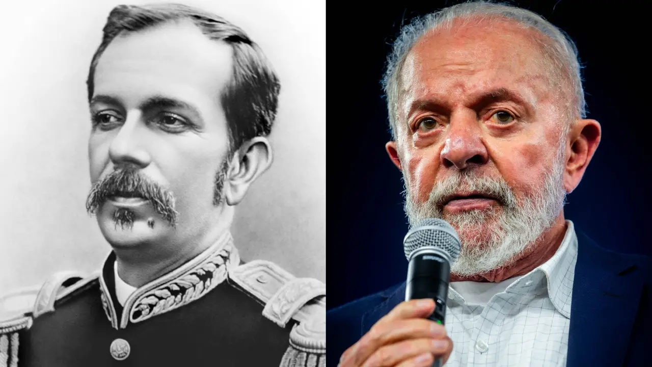 Montagem lado a lado de um retrato histórico em preto e branco de Floriano Peixoto em trajes militares e uma fotografia colorida recente de Luiz Inácio Lula da Silva falando ao microfone.
