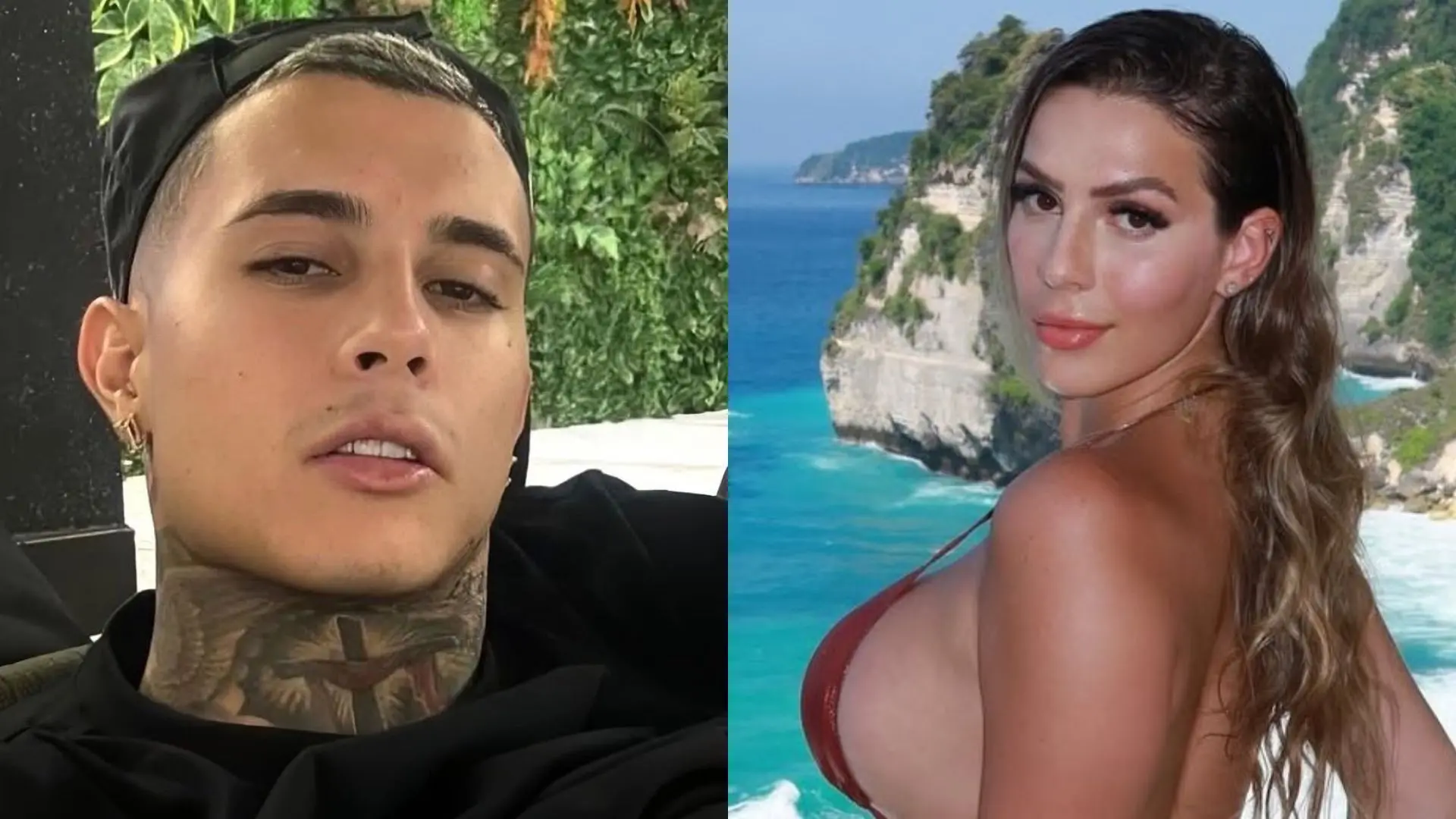 Imagem de um jovem homem e uma mulher em uma paisagem de praia, ambos parecem relaxados, com o jovem usando boné e a mulher de cabelos longos e ondulados. Cenário de natureza litorânea ao fundo.