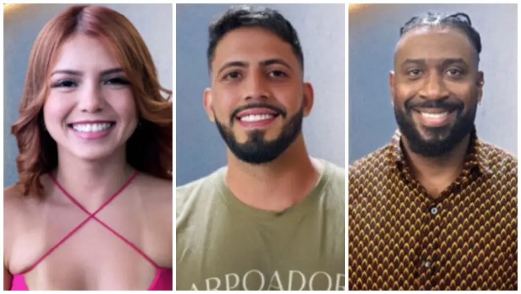 Imagem composta por três retratos lado a lado, em fundo neutro. As pessoas aparecem de frente, do peito para cima. À esquerda, uma pessoa com cabelo médio ondulado, usando roupa rosa com alças cruzadas. Ao centro, uma pessoa com cabelo curto e barba, vestindo camiseta clara. À direita, uma pessoa com cabelo curto preso no alto e barba, usando camisa estampada.