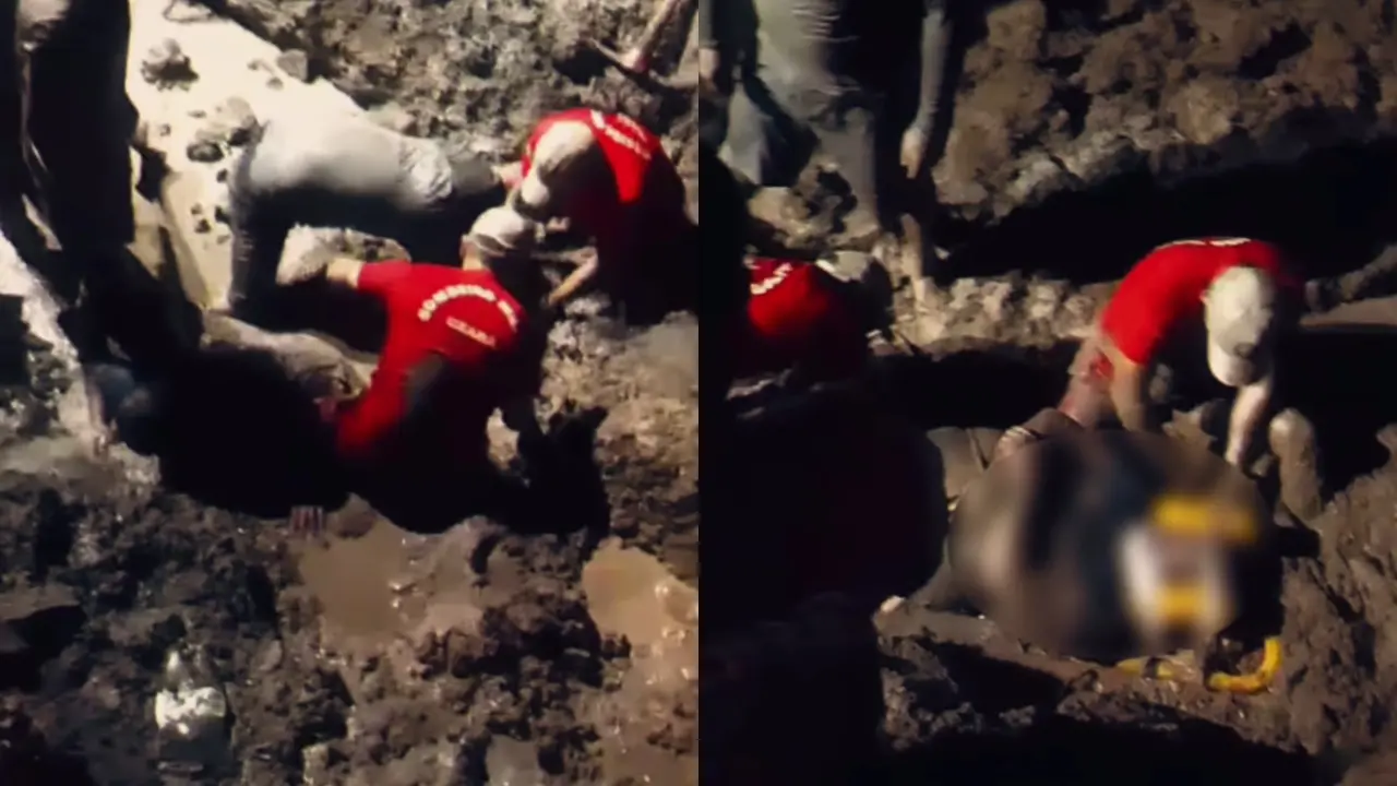 Montagem de fotos que mostra o Corpo de Bombeiros do Ceará resgatando um homem soterrado em uma obra em Sobral.