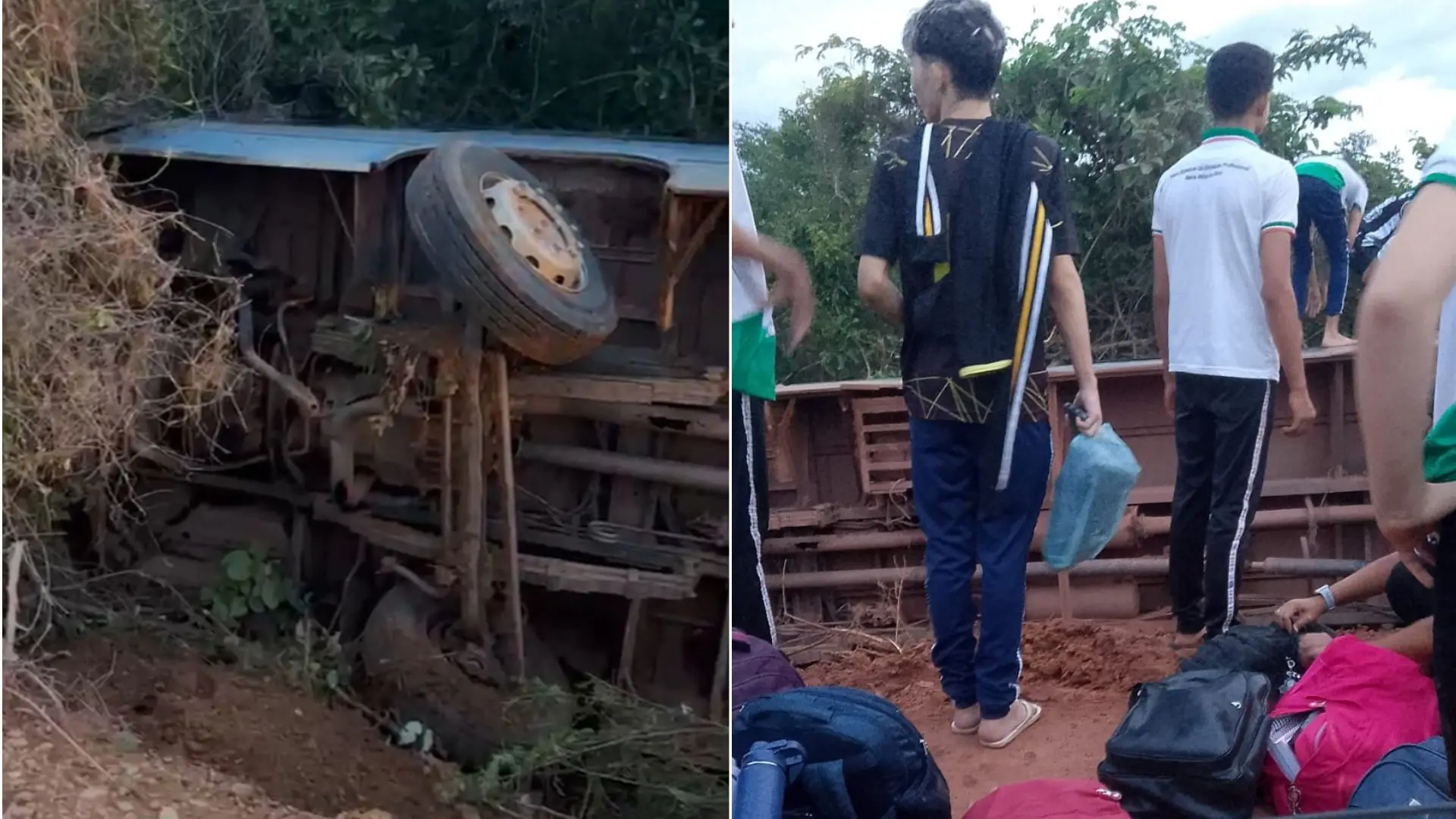 foto de ônibus escolar que tombou em estrada durante fortes chuvas em Ocara.