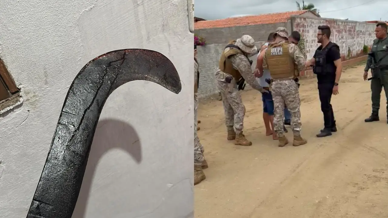 Montagem de fotos que mostram uma foice usada para mutilar uma mulher em Quixeramobim, no Ceará, e um homem cercado por policiais militares sendo preso pelo crime.