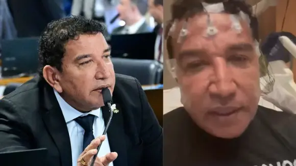 Homem pardo de cabelos curtos, cacheados e pretos, usando terno preto à esquerda e blusa preta à direita.