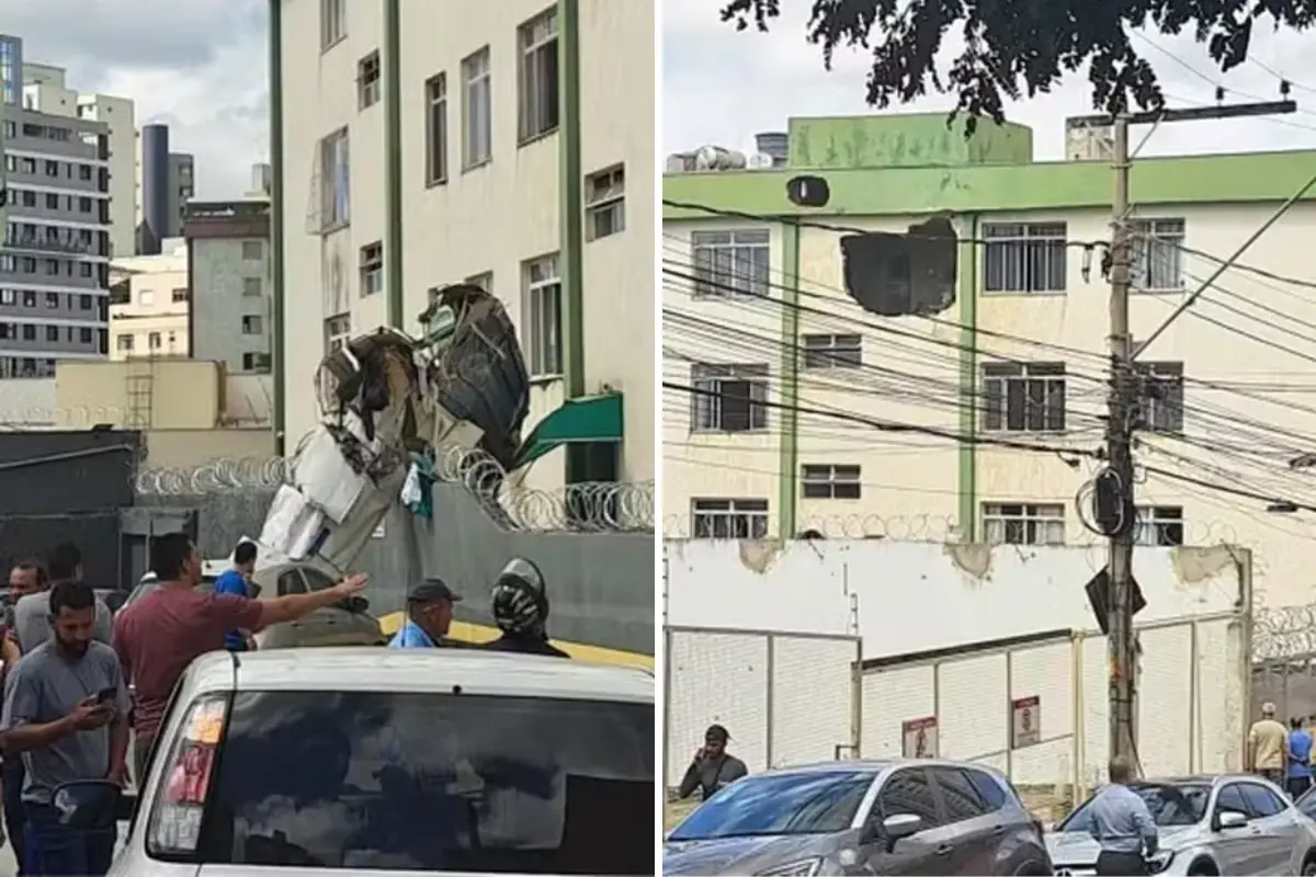 Imagem de prédio que sofreu impacto durante a queda de avião em Belo Horizonte, Minas Gerais.