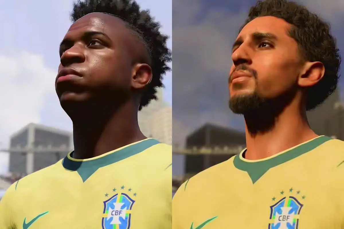 Montagem com fotos de Vini Júnior e Marquinhos no game EA FC