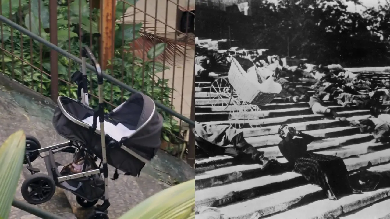 Composição de duas imagens que comparam um carrinho de bebê moderno descendo uma escadaria urbana na novela 'Três Graças' com a cena clássica do filme 'O Encouraçado Potemkin'.