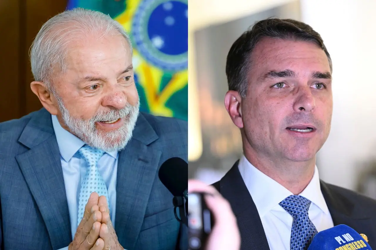 Fotomontagem de Lula e Flávio Bolsonaro.