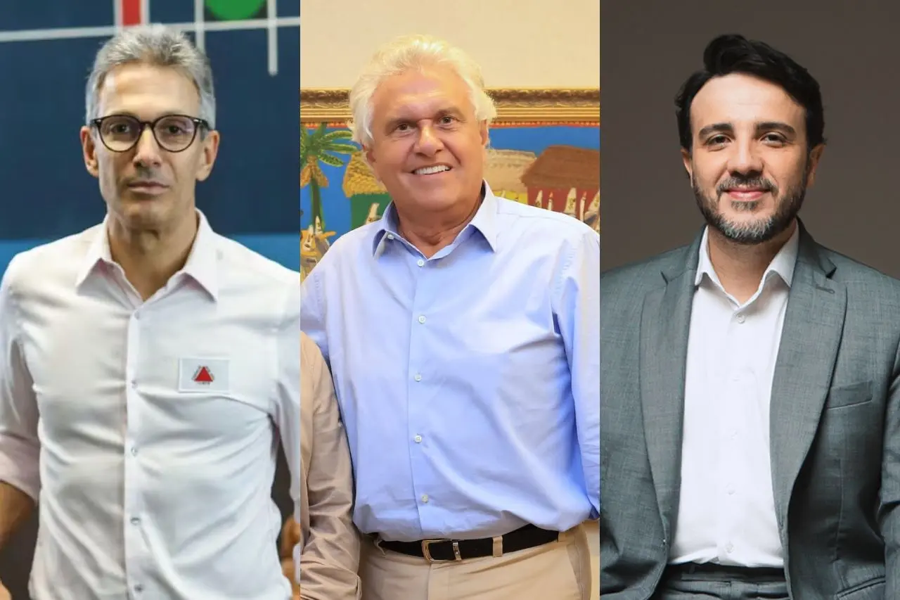 Fotomontagem de Romeu Zema, Ronaldo Caiado e Renan Santos.