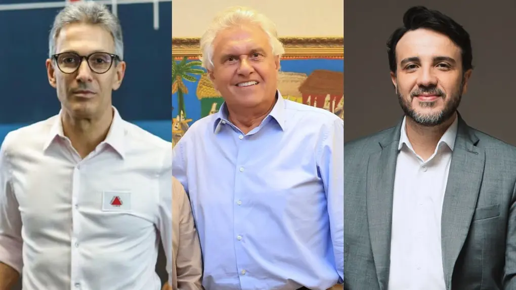 Fotomontagem de Romeu Zema, Ronaldo Caiado e Renan Santos.