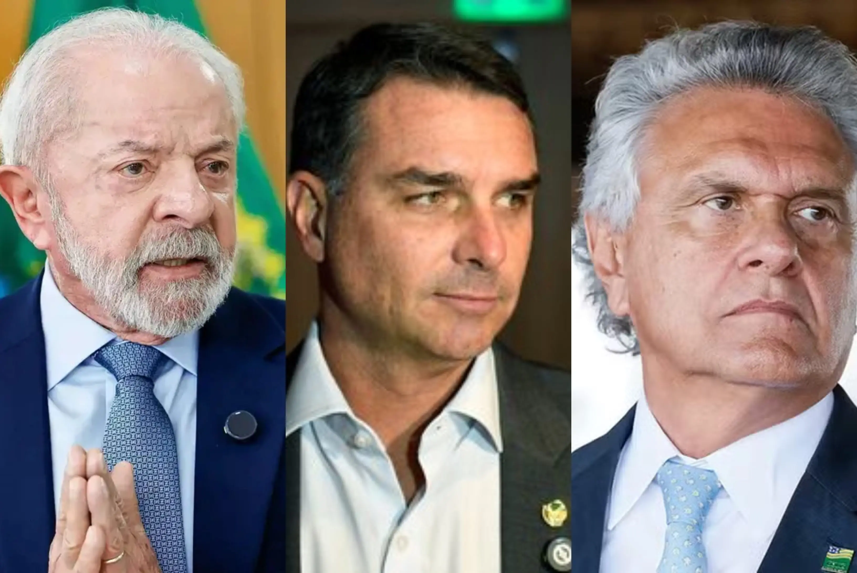 Três retratos lado a lado mostram políticos brasileiros em close: à esquerda, um homem de barba branca; ao centro, um homem de cabelo escuro; à direita, um homem de cabelo grisalho, todos de terno e com expressão séria diante de fundos neutros.