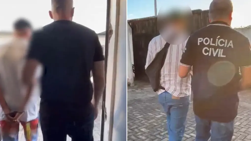 Montagem de duas fotos mostra policiais escoltando suspeitos de tentativa de chacina no Crato.