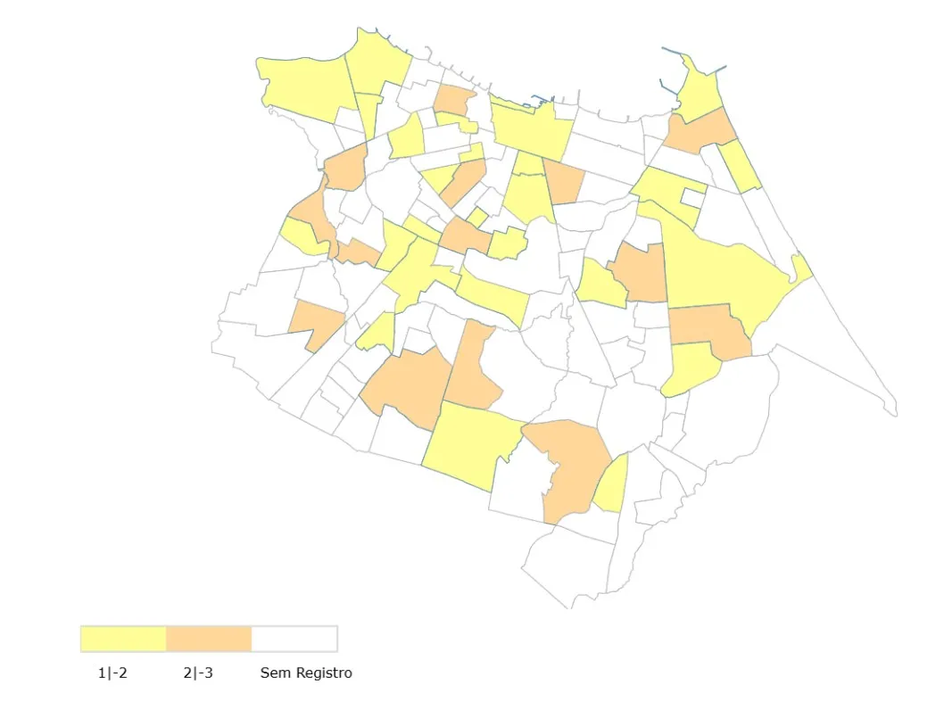 Mapa mostra incidência da chikungunya por bairro de Fortaleza em 2025.