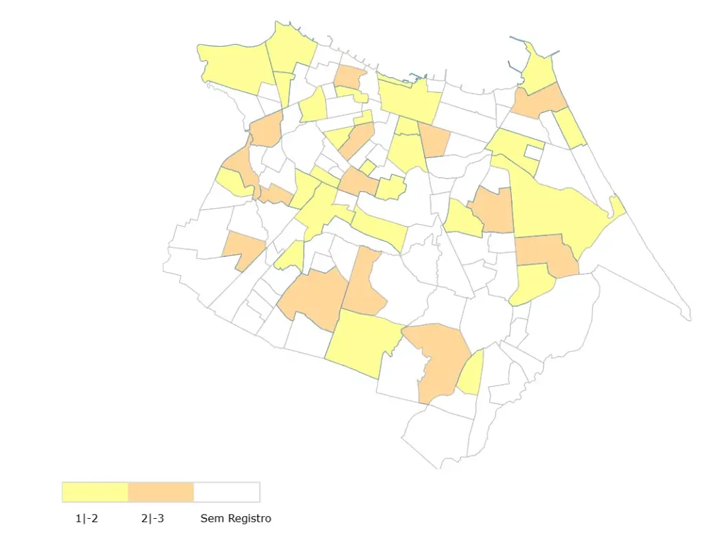 Mapa temático de Fortaleza dividido por bairros, mostrando a incidência de chikungunya em 2025. As cores variam de amarelo claro (1-2 casos) a laranja (2-3 casos), com a maioria das áreas em branco (sem registro).