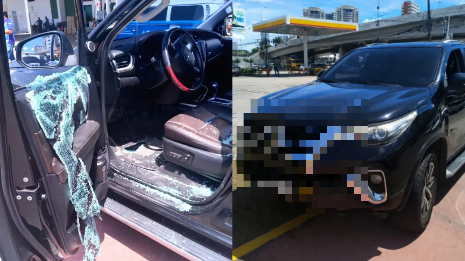 Interior de veículo com a porta do motorista aberta, mostrando vidro estilhaçado espalhado no chão e sobre o banco, além de fragmentos presos à porta.