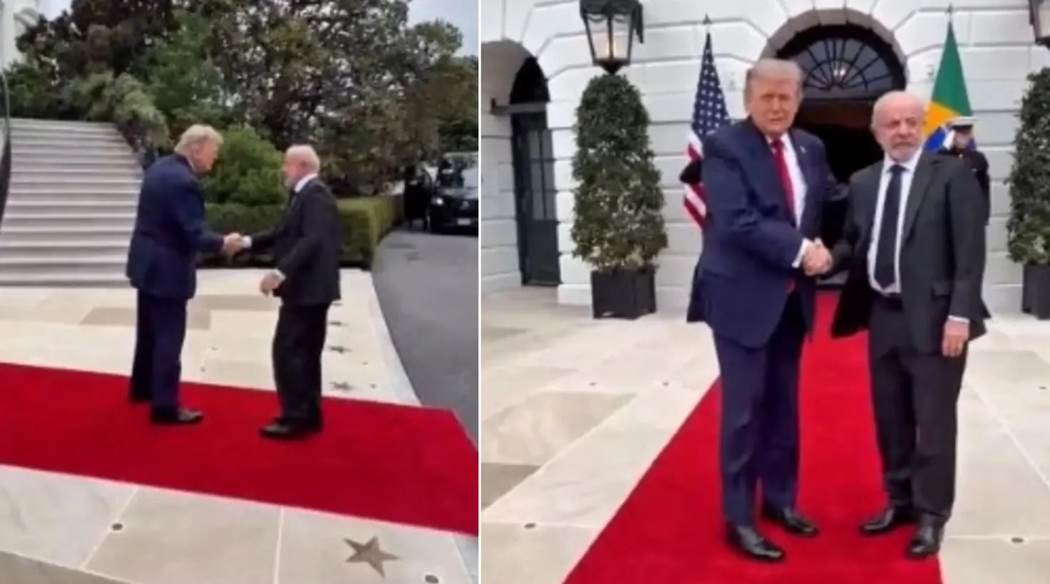 Lula e Trump apertam as mãos em frente à Casa Branca.