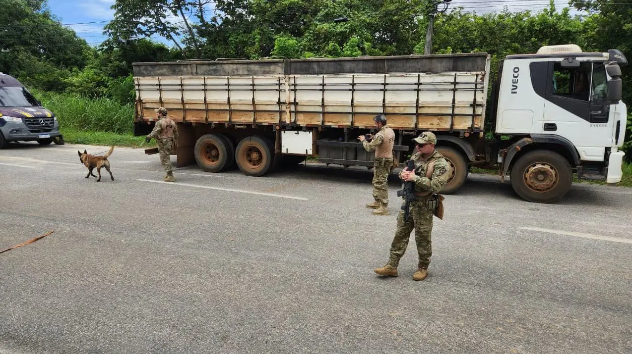 Caminhão parado em rodovia enquanto agentes uniformizados realizam abordagem; um cão farejador atua próximo ao veículo, com viatura ao fundo e vegetação nas margens da estrada.