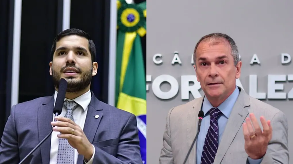 Montagem de fotos com o deputado André Fernandes, à esquerda, vestindo terno azul, discursando no plenário da Câmara dos Deputados. Do lado esquerdo, o vereador Marcelo Mendes, de terno cinza, discursando no plenário da Câmara Municipal de Fortaleza.