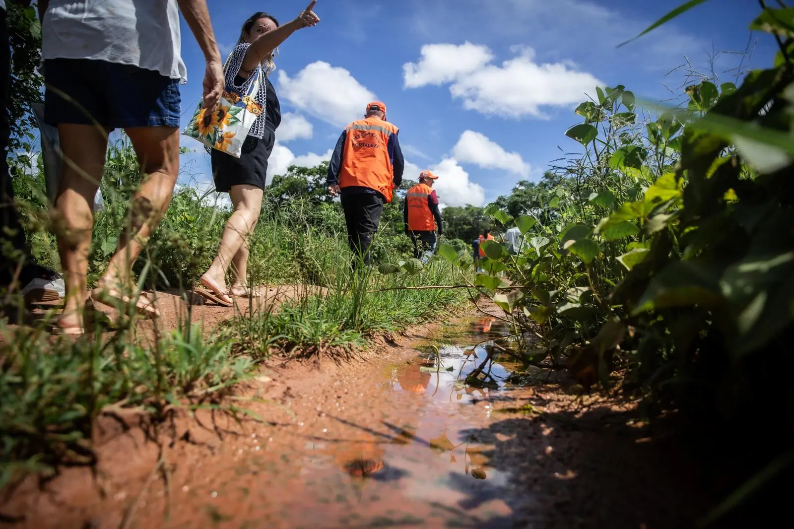 Agentes da Defesa Civil de Fortaleza com coletes laranja caminham por uma trilha de terra ao lado de uma poça de água parada. Uma mulher à esquerda aponta para a vegetação, indicando possíveis focos de mosquitos em uma área rural ou periférica.