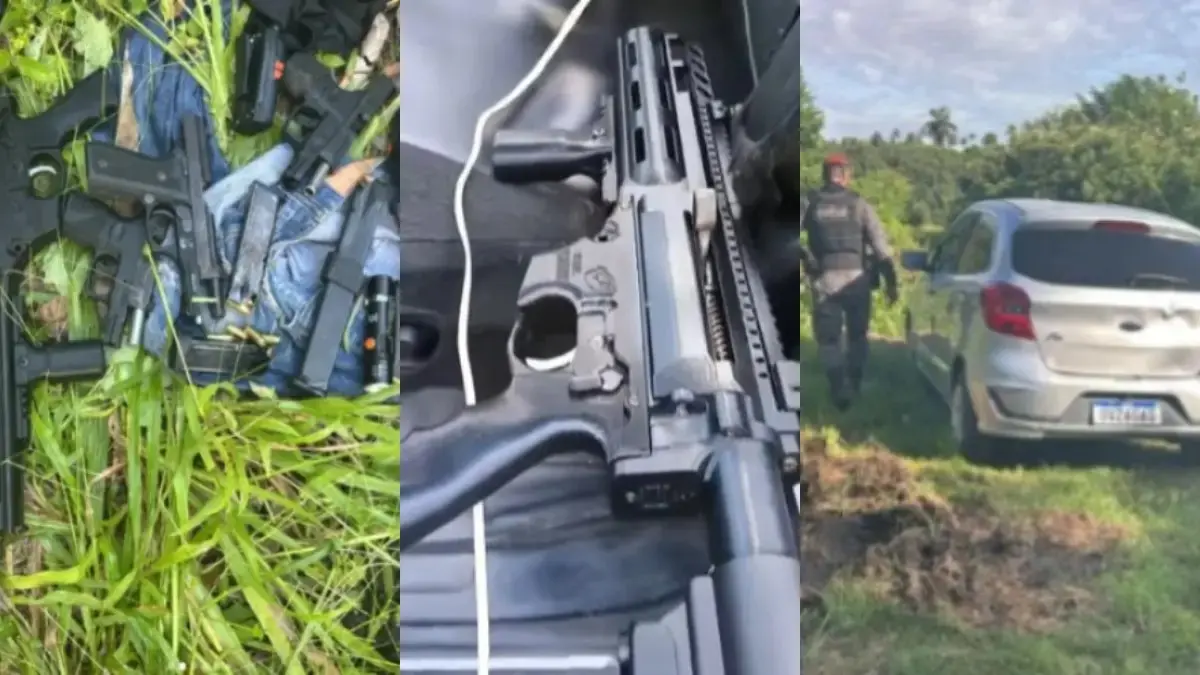Montagem de três fotos que mostram armas apreendidas pela Polícia Militar do Ceará e um carro apreendido também pela corporação em uma ação durante a guerra entre as facções CV e Massa.