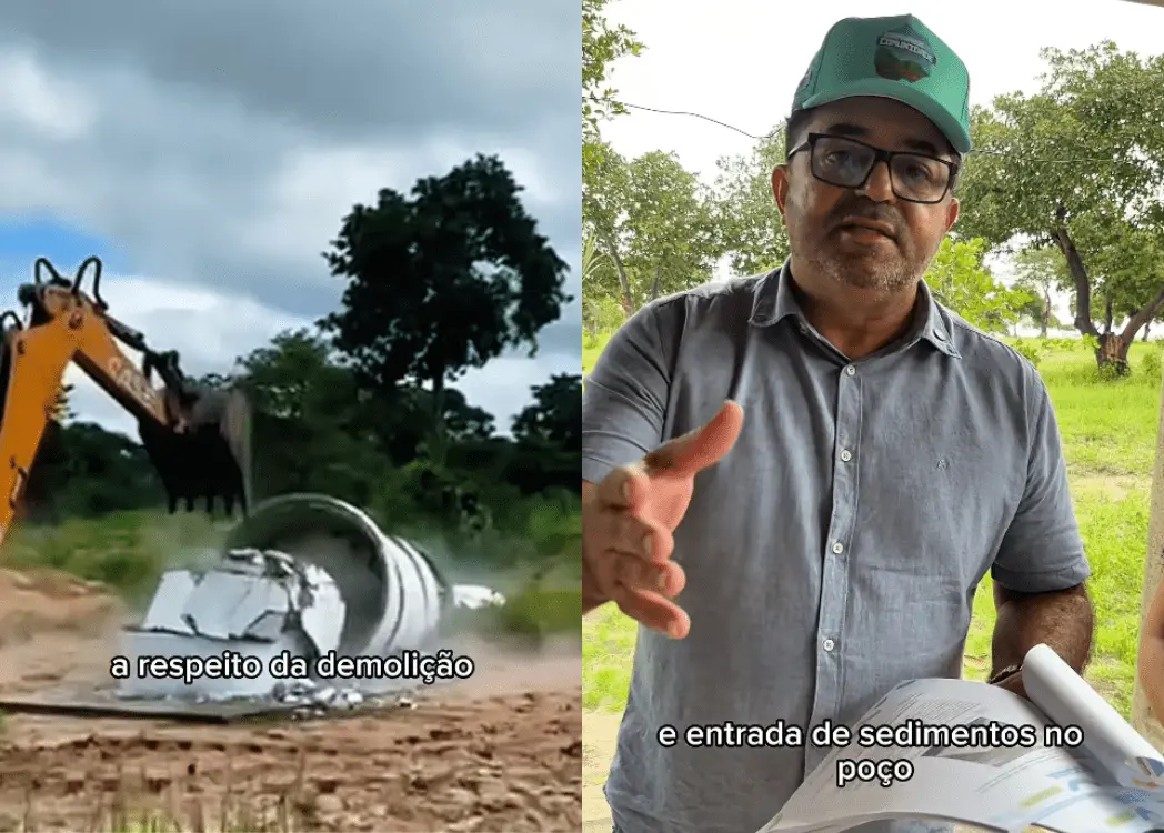 Montagem com duas imagens lado a lado. À esquerda, uma escavadeira amarela derruba uma estrutura cilíndrica de concreto em uma área de terra cercada por vegetação, levantando poeira. À direita, um homem de óculos, barba grisalha e boné verde fala com a mão estendida enquanto segura papéis enrolados, em um ambiente aberto com árvores ao fundo. Há legendas sobrepostas nas duas imagens.