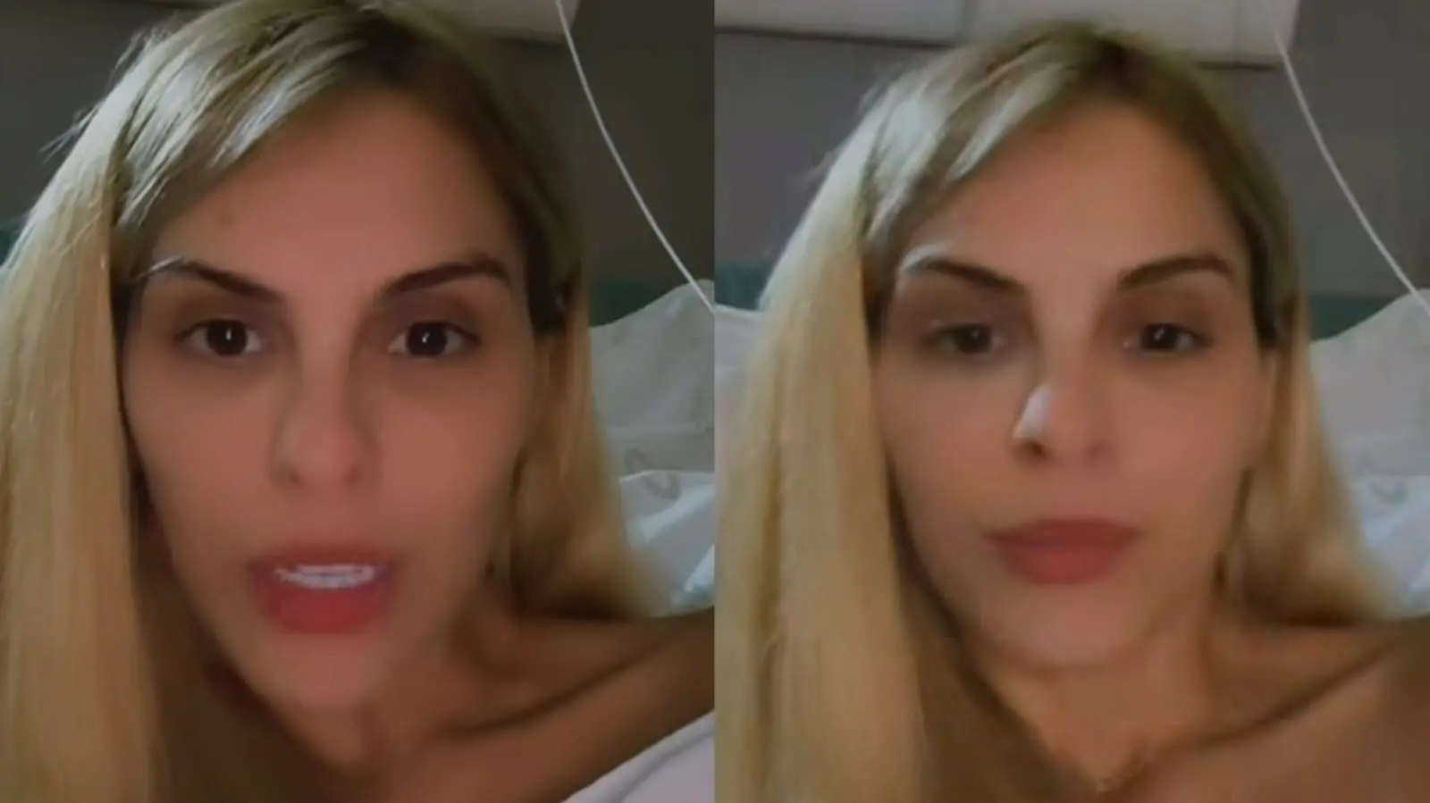 Montagem mostra mulher de cabelos loiros falando para a câmera em gravações feitas em ambiente interno, aparentemente deitada em uma cama.