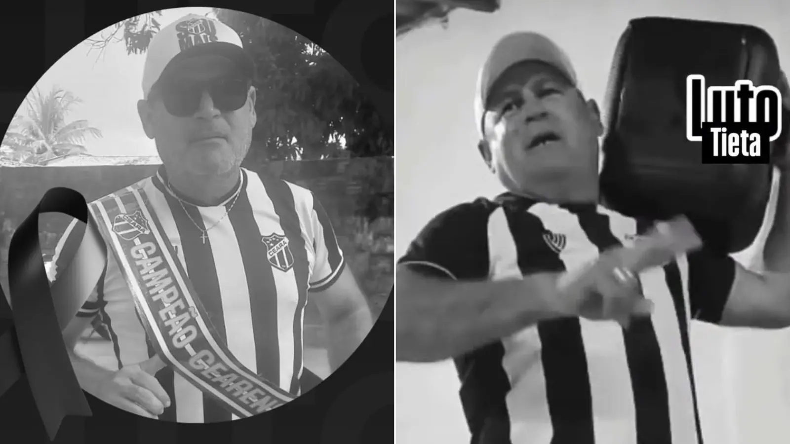 Montagem de duas fotos em preto e branco de Francisco José. Nas duas ele veste uma camisa do time Ceará e usa boné branco.