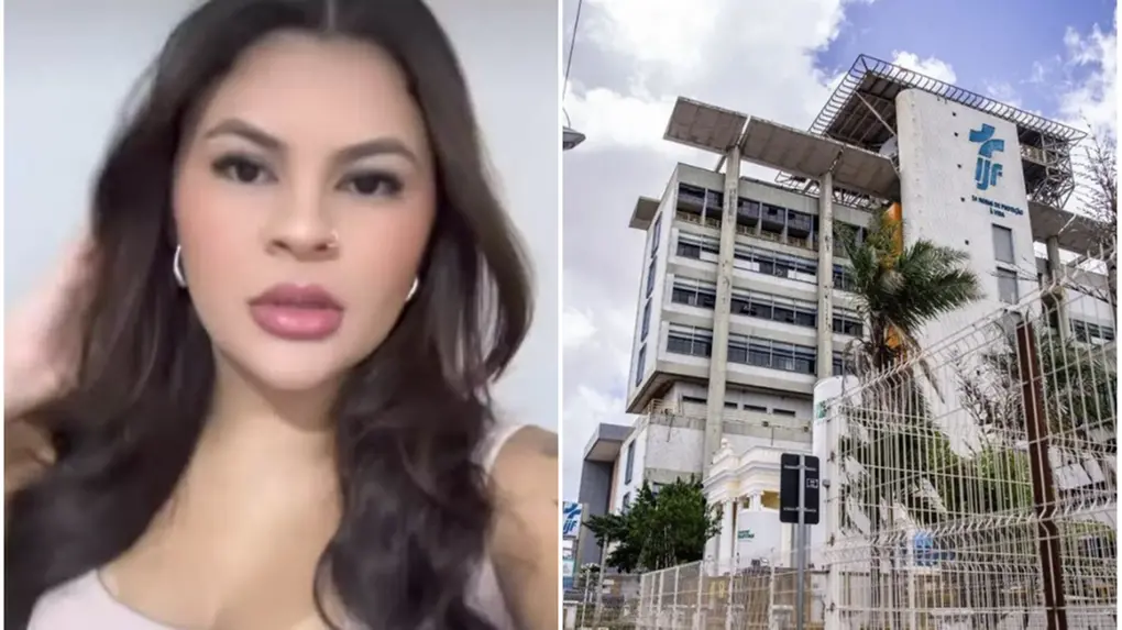 Montagem com duas imagens: à esquerda, registro de uma pessoa em ambiente interno; à direita, fachada do Instituto Doutor José Frota (IJF), em Fortaleza, com prédio alto, grades e área externa visível.