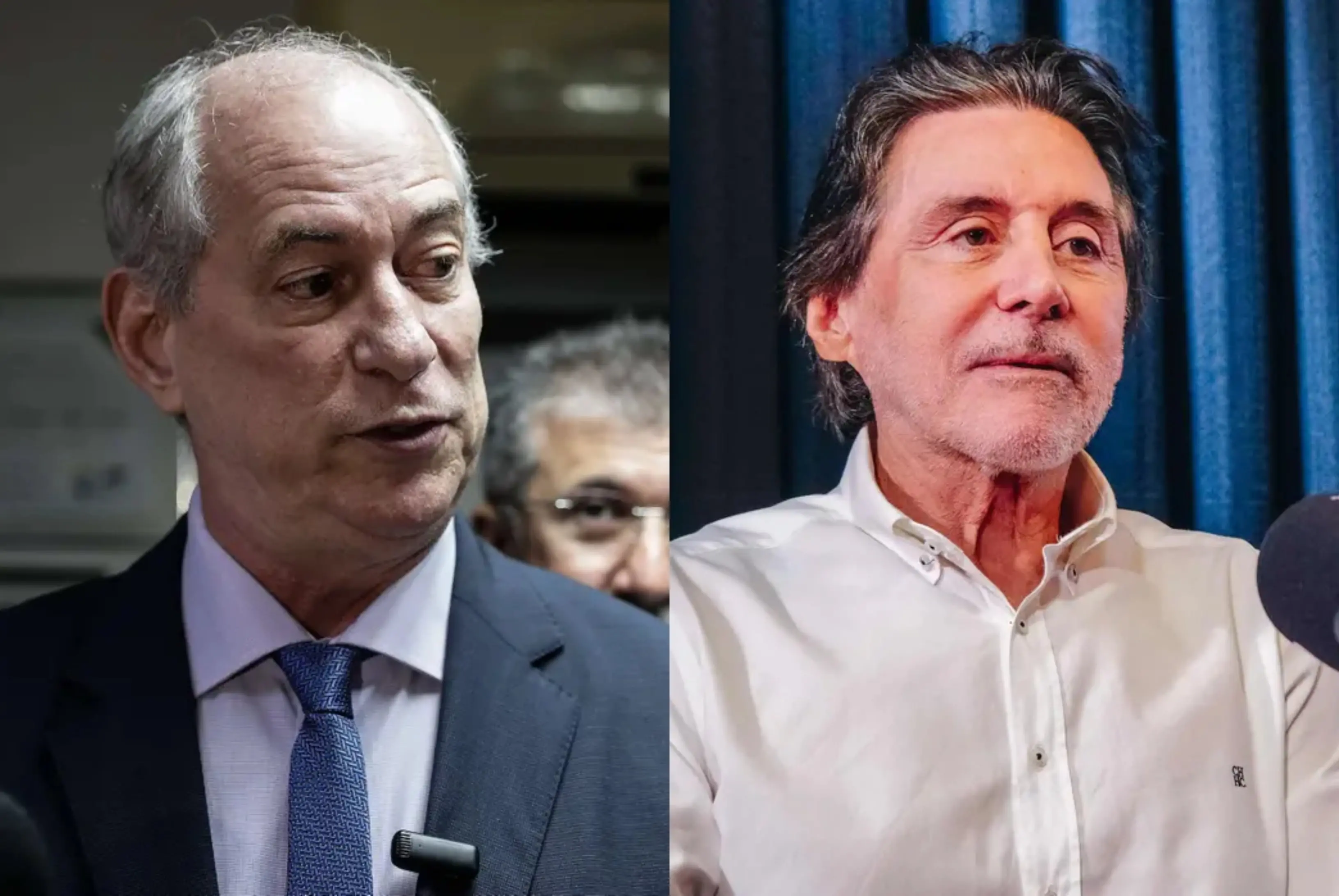 Montagem mostra os políticos Ciro Gomes e Eunício Oliveira em fotos separadas. Ciro aparece de terno e gravata; Eunício veste camisa branca durante entrevista em estúdio.