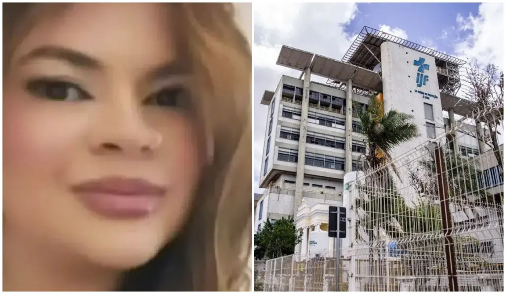 Montagem com duas imagens: à esquerda, close de pessoa com cabelos longos e claros, enquadramento do rosto; à direita, fachada do prédio do IJF, com estrutura de concreto, grades na frente e logotipo visível, sob céu parcialmente nublado.