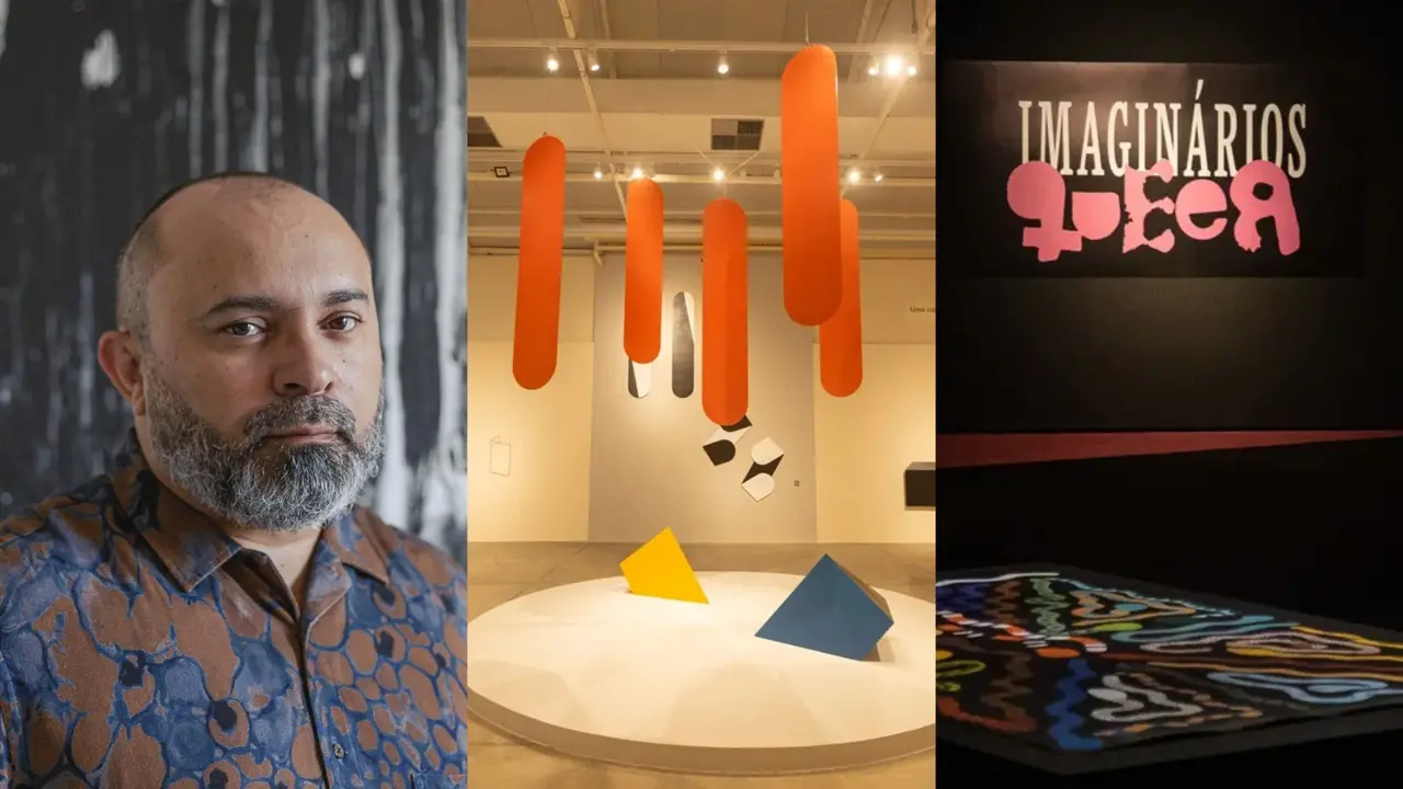 Montagem tripla apresenta o curador Bitu Cassundé à esquerda, uma instalação artística no Centro Cultural Cariri com móbiles alaranjados ao centro e o letreiro da exposição 
