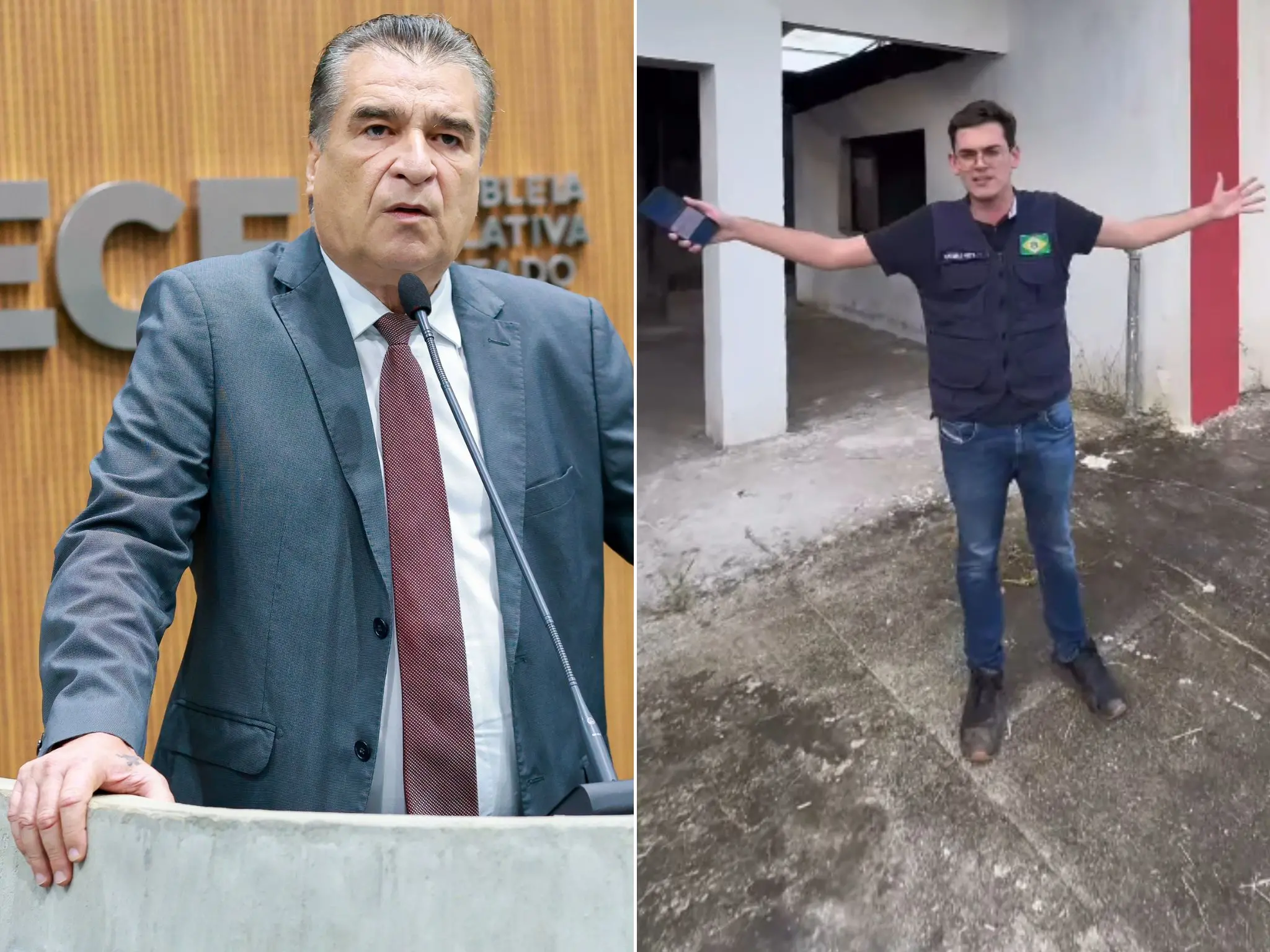 Fotos de João Jaime em discurso na tribuna da Alece e Carmelo Neto durante visita à obra em Maranguape.