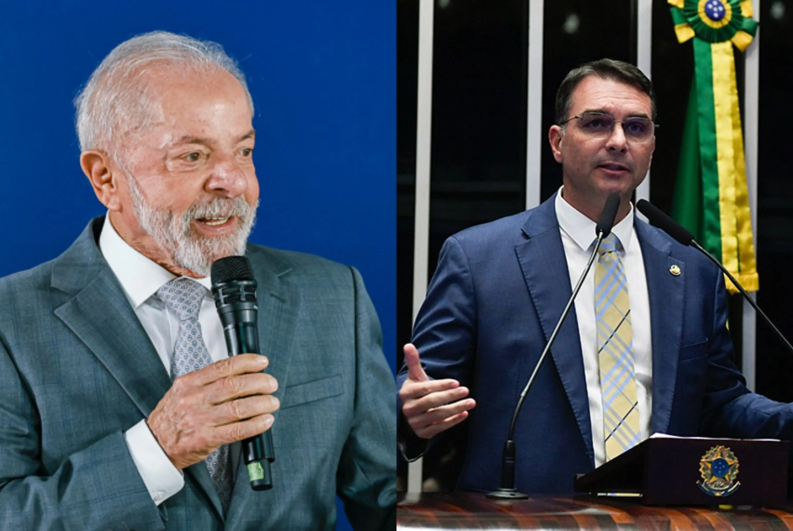 Montagem mostra dois políticos discursando em eventos oficiais, ambos usando microfone e traje social. À esquerda, fundo azul; à direita, tribuna do Senado com bandeira do Brasil ao fundo.