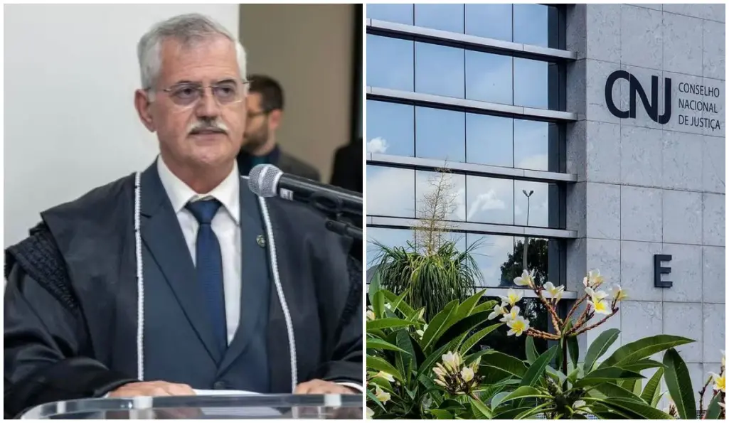 Pessoa vestida com toga discursando em púlpito com microfone; ao lado, fachada de prédio institucional com a inscrição “CNJ – Conselho Nacional de Justiça”.