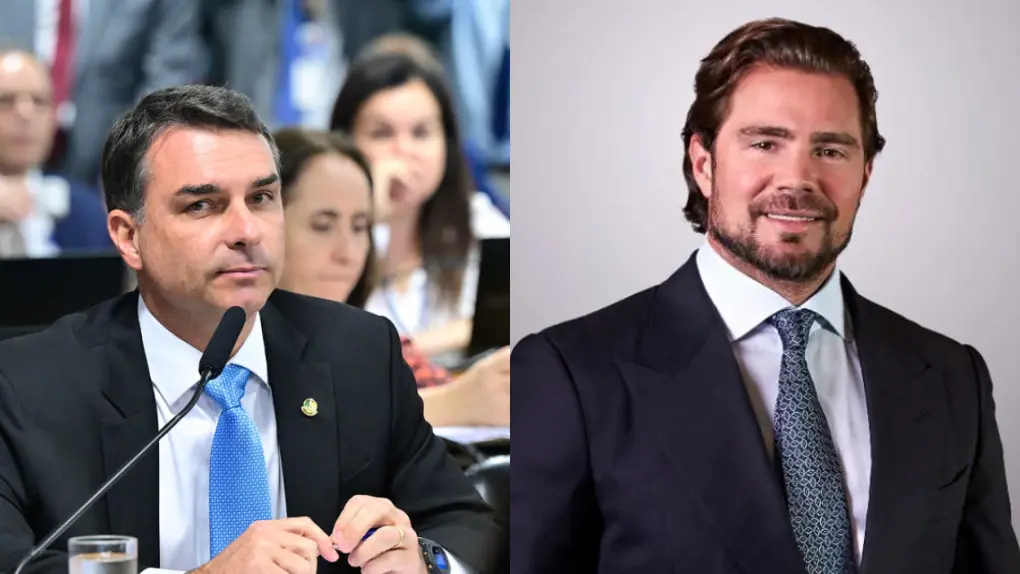 Montagem com Flávio Bolsonaro e Daniel Vorcaro para matéria onde senador pede dinheiro a empresário para financiar filme sobre pai.
