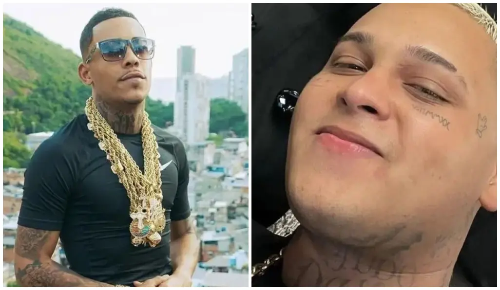 Duas fotos da mesma pessoa: à esquerda, em área urbana com morro e casas ao fundo, usando camiseta preta, óculos escuros e vários colares dourados; à direita, close no rosto e no pescoço, com tatuagens, em ambiente interno.