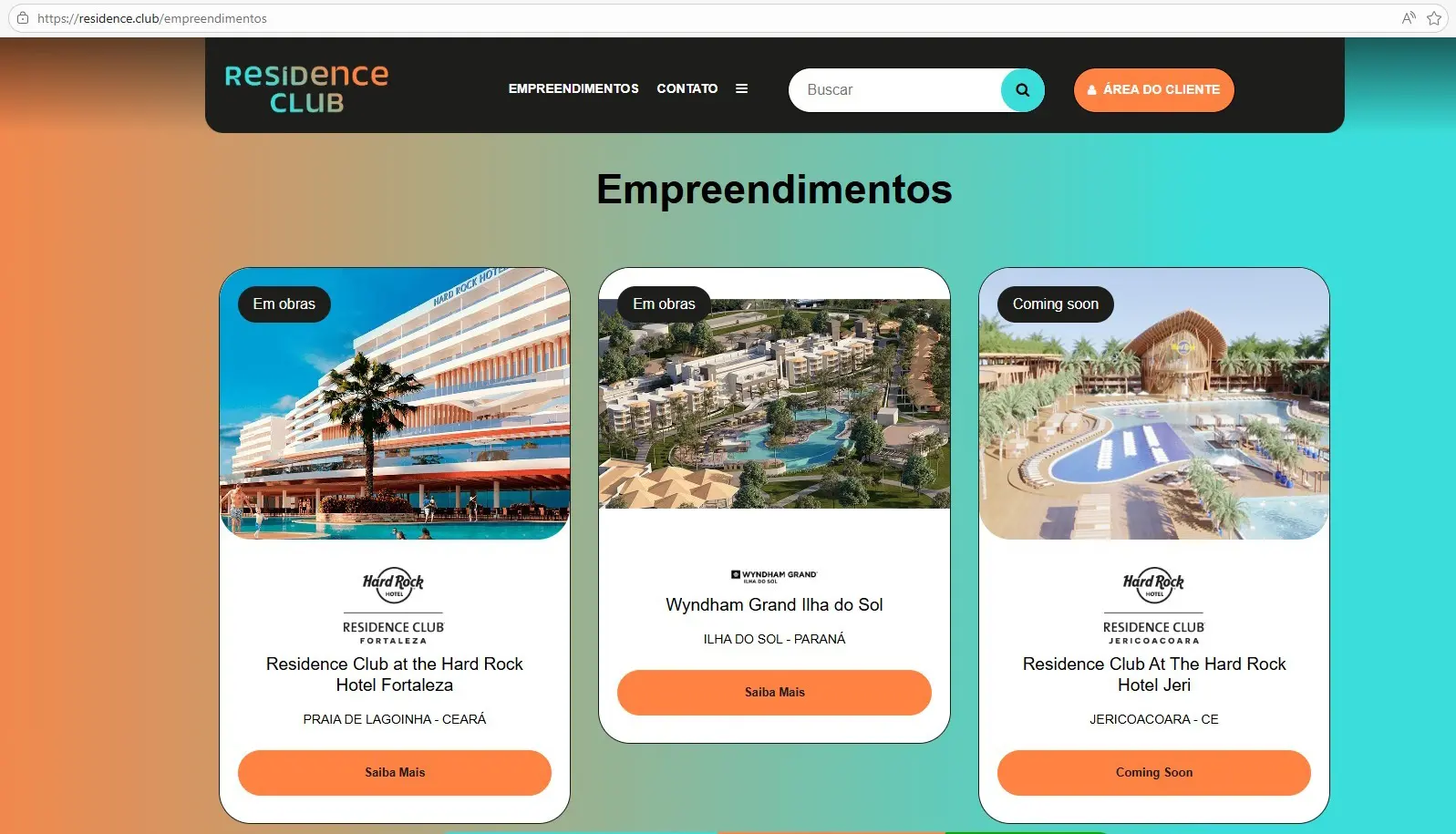 Print de página da Residence Club onde constam os dois empreendimentos do Ceará ainda com a bandeira Hard Rock e do Paraná, já com a marca Wyndhan.