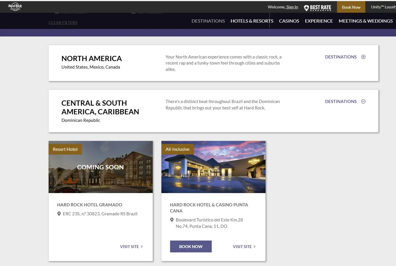 Print de site internacional dos hoteis Hard Rock, já sem os empreendimentos do Ceará.