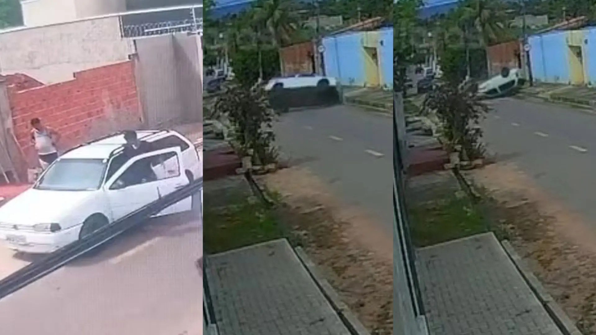 Vista aérea de uma garagem ou pátio com um carro branco e um caminhão ou reboque ao lado, equipamentos e caixas sobre a área; pessoas na entrada do local e paredes de tijolos ao fundo.