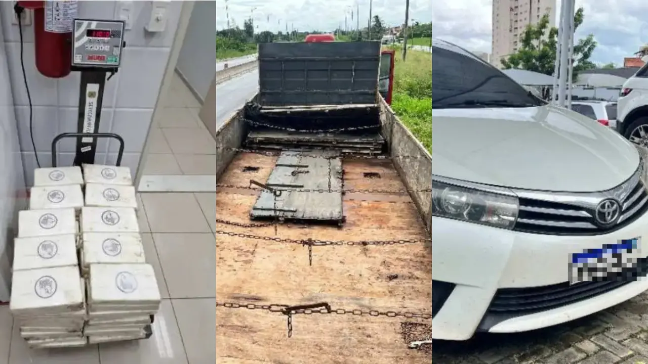 Montagem de imagens mostra apreensão de pacotes suspeitos de droga sobre balança digital, compartimento oculto em caminhão de carga e carro branco estacionado, possivelmente ligados à operação policial contra tráfico ou crime organizado.