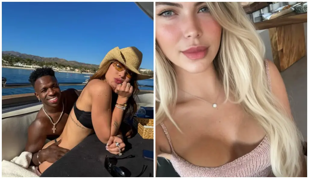 Montagem com duas fotos lado a lado: à esquerda, um homem sorrindo e uma mulher de chapéu posam em um barco sob céu azul, com mar e montanhas ao fundo; à direita, uma mulher loira tira uma selfie em ambiente interno iluminado, usando blusa rosa clara e colar delicado.