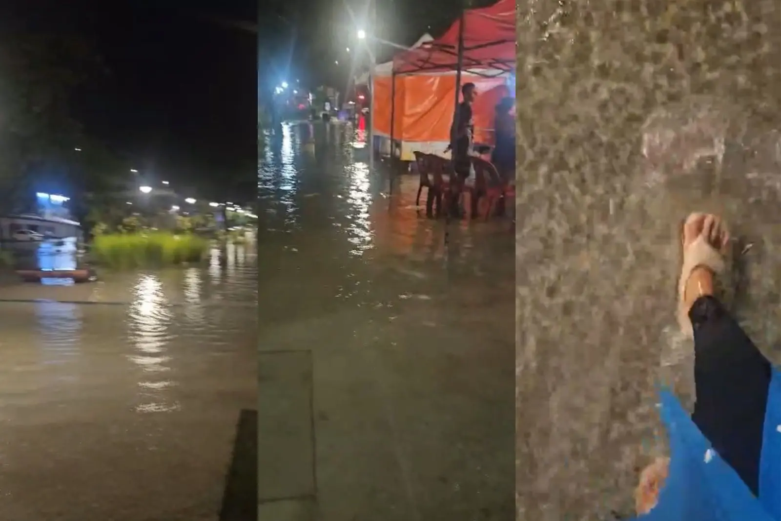 Montagem de três fotos lado a lado mostrando alagamento da praça do Dragão do Mar, em Fortaleza, mostrando bancos, barracas e o pé de uma pessoa sob a água.