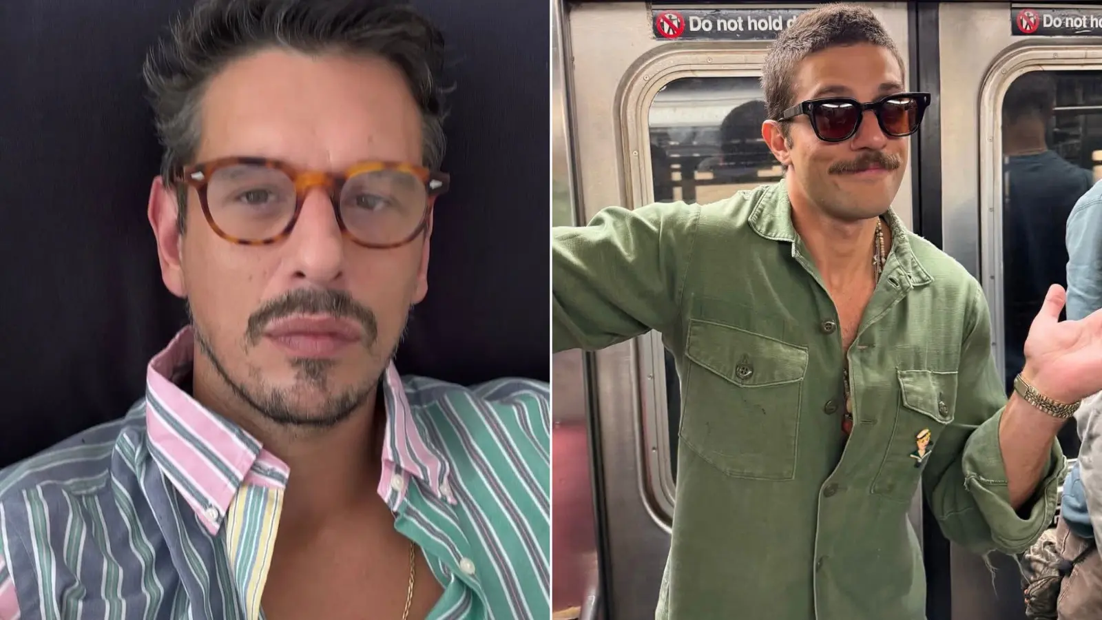 Montagem de duas fotos mostra João Vicente à esquerda e Chay Suede à direita. Os dois são homens brancos entre 30 e 40 anos. João usa cavanhaque e tem cabelo grisalho e Chay usa bigode e cabelo curto.