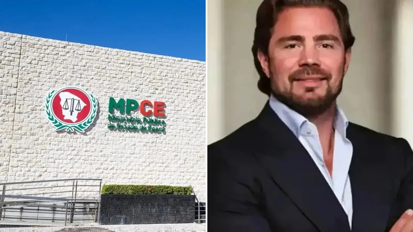 Montagem de duas fotos mostra a fachada do MPCE à esquerda e uma foto institucional do ex-banqueiro Daniel Vorcaro à direita para matéria sobre uso de hackers para forjaram um ofício.