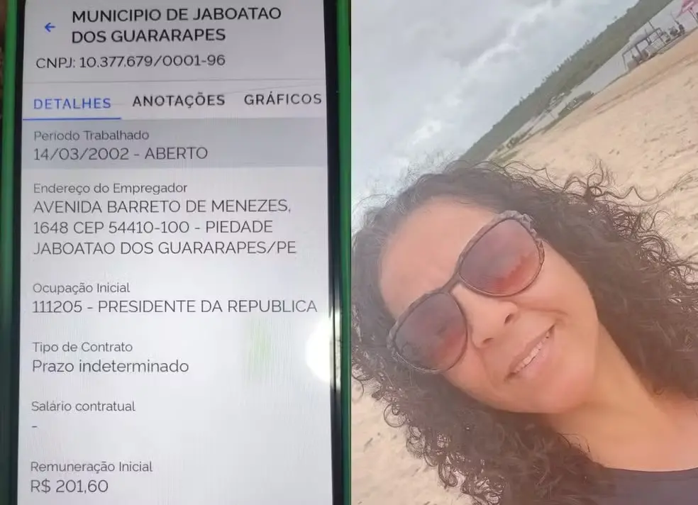 Imagem mostra um documento com o texto “Município de Jaboatão dos Guararapes” e dados do período trabalhado, ao lado de um retrato ao ar livre de uma mulher com óculos de sol na cabeça e cabelo cacheado.