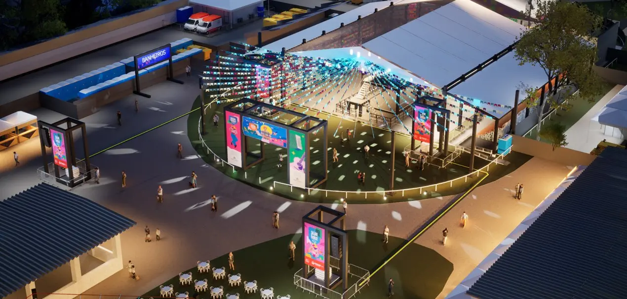 Vista aérea de renderização 3D do evento Cidade Junina, exibindo tenda central com bandeirinhas coloridas, totens digitais, banheiros e mesas ao ar livre sob iluminação noturna.