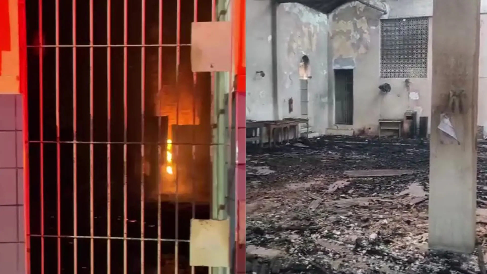 Comparação lado a lado do interior de uma prisão em dois momentos: à esquerda, uma cena com fogo e iluminação vermelha através de grades; à direita, corredores e salas com forte destruição e detritos no chão.