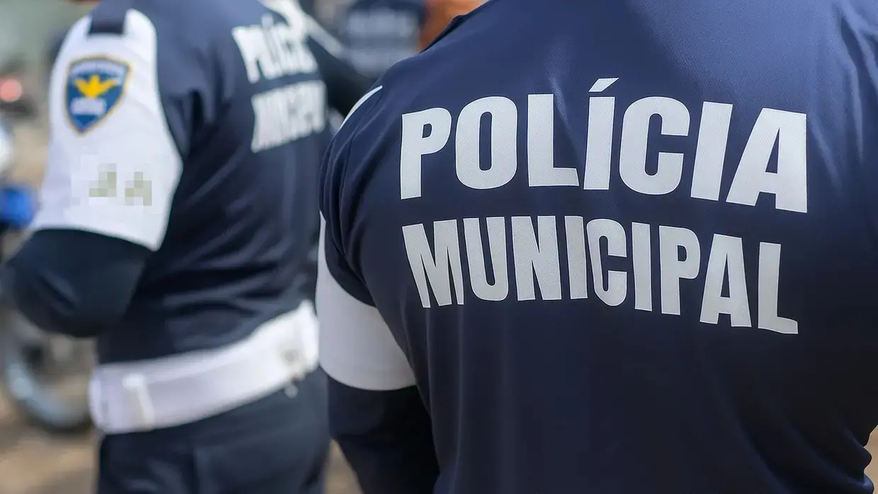 Polícia Municipal de Juazeiro do Norte. Profissionais de costas, com fardamento.