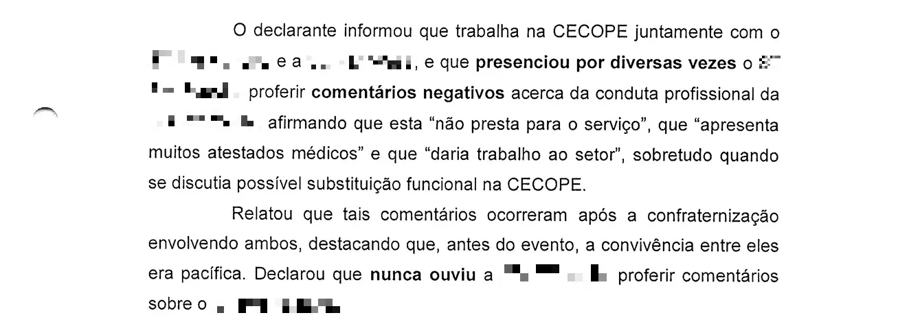 Trecho de depoimento de testemunha sobre o caso.