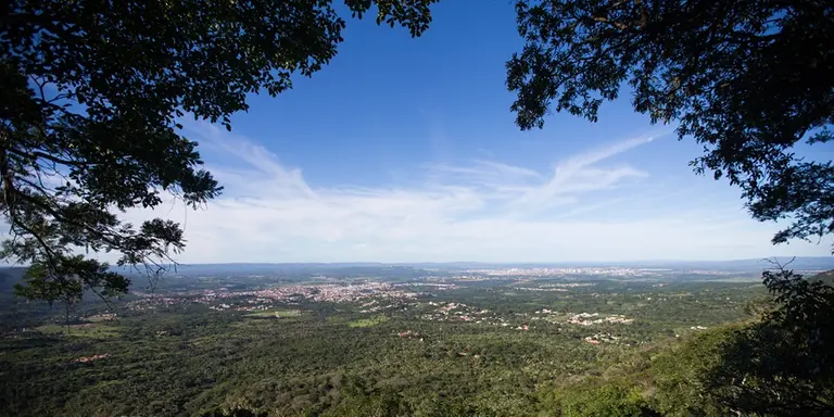 Na imagem, uma fotografia panorâmica diurna tirada a partir de um mirante elevado, revelando uma vasta planície. Na parte inferior, vê-se a estrutura em madeira do corrimão do mirante e a copa das árvores em primeiro plano. A vista se estende por uma imensa área verde e arborizada, intercalada por pequenas áreas urbanas e estradas de terra ao longe. No horizonte distante, destaca-se uma cidade com prédios e construções sob um céu azul intenso, decorado com nuvens brancas e finas em formato de linhas fluidas. A imagem é emoldurada no topo e nas laterais pelas folhas e galhos escuros das árvores do próprio mirante, criando um efeito de janela natural.