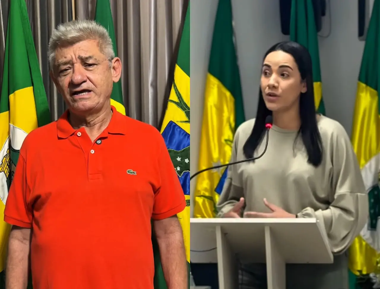 À esquerda, prefeito é um homem branco de cabelos grisalhos e blus vermelha atrás de bandeiras do Brasil. À direita, ex-prefeita de Jardim é uma mulher branca de cabelos lisos e pretos, com blusa longa cinza, discursando, com bandeiras do Brasil atrás.